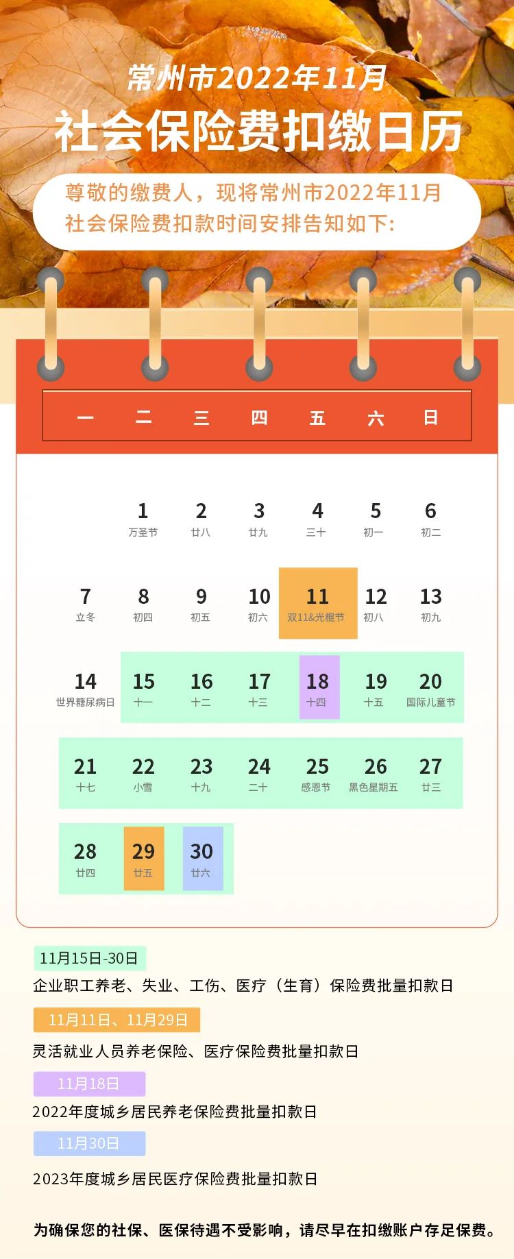 常州市2022年11月社会保险费扣缴日历（职工社保、灵活就业、城乡居民）